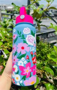 Bình Giữ Nhiệt Hoa Vintage Dung Tích Lớn 1000ML Inox 304 Có Quai Xách Tiện Lợi_Thân xanh nắp hồng