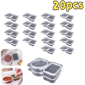 20pcs Plastic Condiment Containers Dual Compartment Seasoning Box with Lids/Double Compartment Snack Containers/Stackable Space Saving Organizers for Snacks Salad Dressings.