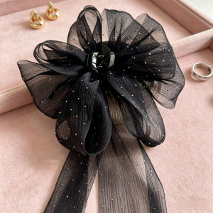 Korean Black Organza Ribbon Bow Hair Clamp Rhinestone Hairpin Shark Clip Headdress Hair Accessories