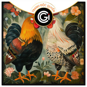 Tranh phong thủy đôi gà trống đại cát phong cách trang trí cách điệu hiện đạiTranh treo tường dán tường.CGI-940