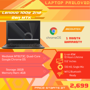 LENOVO 100e MTK Chromebook I Chrome OS | 4GB RAM | 11.6-Inch HD Screen | BUILT IN CAMERA | SD CARD SLOT PRELOVED