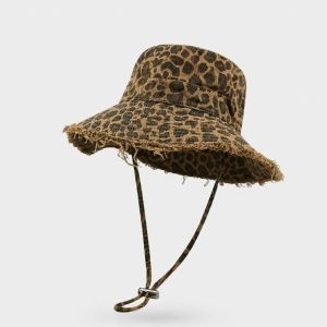 DIVATEN Large Brim Womens Fisherman Hat Leopard Print Distressed Washed Bucket Hat Fashionable Folding Basin Cap Outdoor Activities