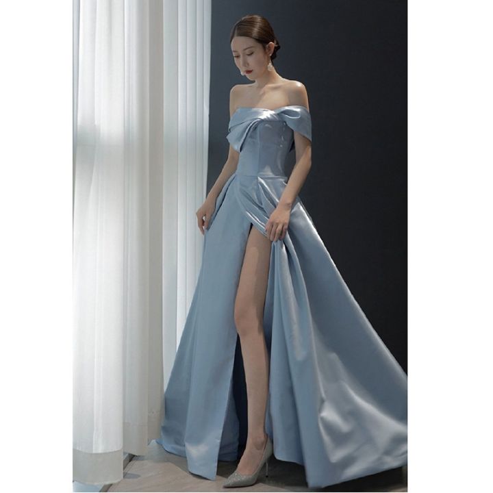 ❤Pang DuDu❤ Elegant Dress For Night Party Light Blue Korean Split Long  Birthday Party Evening Dress Elegant Satin Women Formal Prom Gown evening  dress - Main Image
