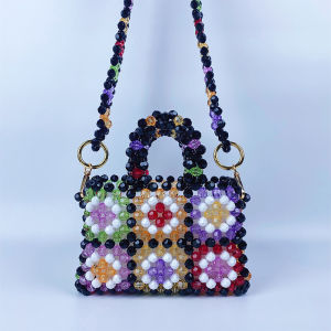 New handmade beaded bag colorful bead bag checkered woven bag popular on Xiaohongshu pearl handbag and crossbody bag