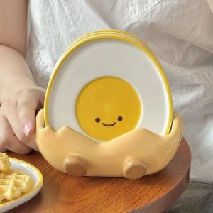 Cute Creative Ceramic Egg Shaped Snack Plates With Holder Food Grade Small Dish For Fruit Dessert Side Dishes Home Tableware