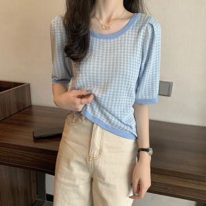 Fomi ❤️‍🔥เสื้อแฟชั่นคอกลม ลายตาราง🏁ทั้งตัวสีสันสดใสตัดขอบสีเข้มคอเสื้อแขนเสื้อและชายเสื้อ🖤 ดูมินิมอล น่ารักไม่ไหว🤗💝