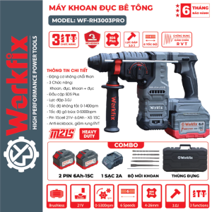 Máy khoan đục bê tông pin WORKFIX WF-RH3003PRO lực đập 3J Anti-kickback giảm rung chấn RVT 3 chức năng 6 tốc độ ( Bảo Hành 6 Tháng )
