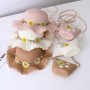 CANICECA Small Daisy Children Beach Straw Hat Solid Color Wide Brim Straw Bag Cap Set Fashion Sun Protection Fisherman Hat for 2-10 Years Girls