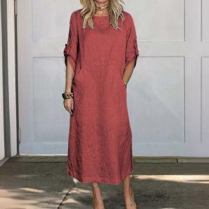 Womens Long Dresses Solid Color Cotton Linen Casual Side Pocket Round Neck Dresses