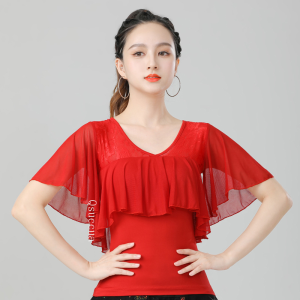 เสื้อเต้นรำโมเดิร์นชุดฝึกซ้อมลูกไม้ใหม่สำหรับผู้หญิงชุดเต้นรำสี่เหลี่ยมชุดเต้นรำการเต้นรำทางสังคมการเต้นรำมาตรฐานแห่งชาติการเต้นละตินกีตาร์แขนสั้นเลื่อม