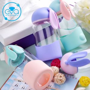 Bình Đựng Nước Thuỷ Tinh Vỏ Bọc Đệm Silicon Nắp Thỏ Con Dễ Thương 300 Ml M1301