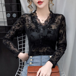 AMMIN เสื้อแขนยาวสไตล์เกาหลีเสื้อลูกไม้ปักลายดอกไม้ฤดูใบไม้ร่วง2021