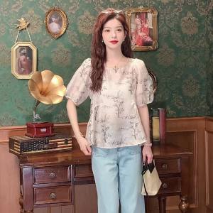 AMMIN เสื้อผู้หญิงแขนสั้นพิมพ์ลายวินเทจคอกลมหลวมสไตล์เกาหลีเสื้อชีฟอง2024ฤดูร้อน