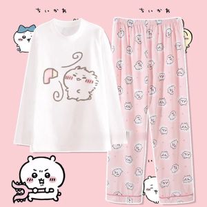 Anime Usag Hachiware Summer Thin Pajamas Round Neck Loose Long-Sleeved Shirt and Pants Cute Cartoon Pattern Household Clothes2026