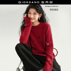 GIORDANO Women Sweaters Lamb Embroideries Retro Sweaters Crewneck Fashionable Casual Relaxed Sweaters 18356918