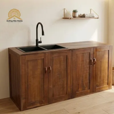 Tủ Bếp Gỗ Tràm Tự Nhiên – Tủ Bếp Dưới 4 Cánh Chắc Chắn Chống Ẩm Tốt – Xưởng Mộc Maido