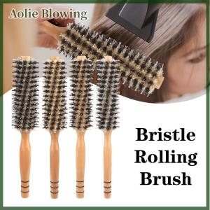 Aolie Natural Boar Bristle Roller Brush Barber Hair Roller Wood Hair Brush Round Barrel Hair Comb For Women Curly Hair Hairdressing