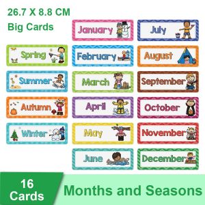 16pcs Season Month of The Year Cognitive Flash Cards for Kids English Preschool Educational Learning Materials for Kids English Words Flashcards Kindergarten Children Pocket Card Activity Card Game Toy for Boy Girl Teaching Aids Classroom Decoration