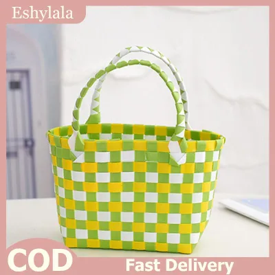 Eshylala Plastic Woven Simple Vegetable Basket Hand Held Grocery Shopping And Storage Bag