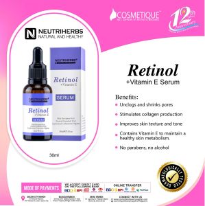Neutriherbs Retinol + Vitamin E Serum 30ml - Unclogs and shrinks pores stimulates collagen production improves skin texture and tone contains Vitamin E no parabens no alcohol.