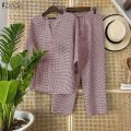 Celmia ZANZEA Women Two-piece Outfits Retro 3/4 Sleeve Loose Top Elastic Waist Trousers Grid Printed Sets #1208. 