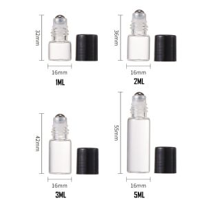 Botol Roll On Kaca Clear Bola Roller Stainless Tutup Plastik Hitam Putih - Essential Oil Parfum Travel PER 5PCS