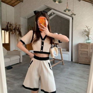 LOMOGI 2022 New Summer Skirt Female Student Two-piece Set Small Fragrance Wind V-neck Bubble Sleeve Shirt Shorts Dress
