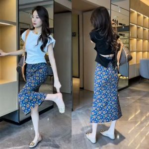 2022 Summer Women Two Piece Sets Boho Floral Skirts Sets Ladies Short Sleeve V Neck Crop Tops Blouse and Mini Skirt Harajuku