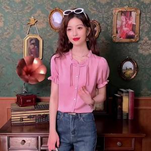 Ammin Xuân/hè 2024 Phong cách Trung Quốc mới cổ điển phong cách Trung Quốc Cổ Tua tay ngắn áo voan áo blouse thanh lịch tay áo phồng ngọt ngào của phụ nữ
