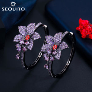 SEQUITO Unique Design Flower Tassel Round Circle Jewelry Setting Cubic Zircon Hyperbole Loop Hoop Earrings for Ladies SE339