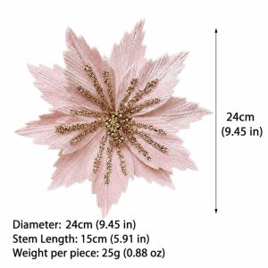 BETTERFORM Sparkling Artificial Poinsettia Flower 24CM DIY Simulation Flowers  Christmas Tree Ornaments Sequins Flower Home Decor