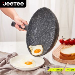 JEETEE Marble Stone Non Stick Frying Pan with Lid Granite Flat Cooking Pan Induction Pan for eggAll Stoves Suitable(20/22/24/26/28CM Starry Black Collection)