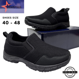 Kasut Sekolah Hitam Lelaki Sarung Sport School Shoes Black Trainer Canvas Slip on Shoe Vinstar