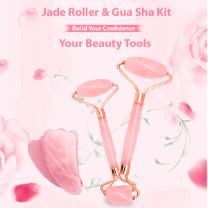 READY STOCK Polar WhiteT2006 Natural Rose Quartz Roller Face Massage Gua Sha and Jade Roller Set Lifting Firming Skin Care Tools