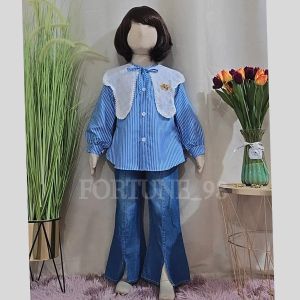 Stelan jins anak perempuan import korean style motif salur celana jins cutbray usia 3 - 12 tahun set anak tanggung jumbo oversize model kekinian set salur anak perempuan viral set kuromi anak perempuan - COD
