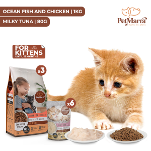 PetMarra Kitten Dry Food Ocean Fish Chicken 1kg + Milky Souffles Wet Pouch Tuna 80g BUNDLE