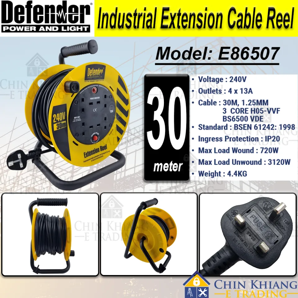 Defender 30M 4-Way Industrial Extension Wire Cable Reel 240V 13A