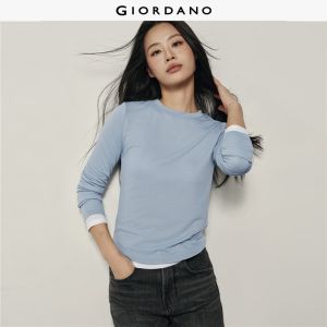 GIORDANO Korea Women T-Shirts Soft Gentle Crewneck Tee Curved Hem Long Sleeve Fashionable Casual Slim T-Shirts 05325863