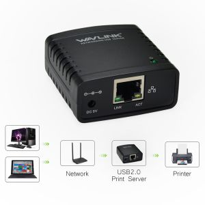 Wavlink 100Mbps Ethernet to USB 2.0 Network LPR Print Server 10/100Mbps Networking USB HUB USB print server/network print server/Print server adapter