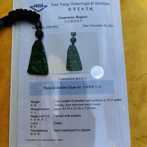 Dark Green Natural Type A Jadeite carved with scenery pendant with NGI Gemstone report weight 19.21 grams 43.10 * 25.36 * 7.50 mm Semi Translucent to opaque fine grain crystal aggregate - Good for daily wear pendant (pendant152)
