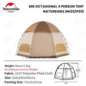 Tenda Camping Naturehike MG Octagonal 4P NH22ZP012 Tenda Korean Glamping Kemah Keluarga 4 Orang Estetik Frame Alloy Dome Tahan Air Outdoor