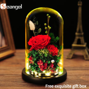 Seangel Newest Knitted Lily of The Valley Immortal Rose Glass Cover Valentines Day Preserved Fresh Flowers Creative Ornaments for elders friends teachers