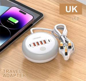 Multi-port USB Charger Station Fast Charging with 2 PD 4 USB Charge Hub Wall Charger with Light for Mobile Phones Tablet