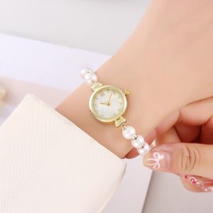GOXBERK Round Dial Pearl Bracelet Watch Adjustable Drawstring Chain Elegant Small Dial Watch Fashion Minimalist Women Quartz Watch Women