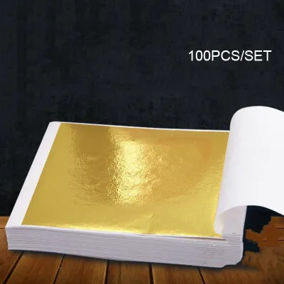 100 Pcs Gold Leaf Sheets Foil Paper K Pure Shiny Gold Leaf for Gilding Funiture Lines Wall Crafts Handicrafts Gilding Decoration 9x9cm