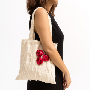 CRNGW Korean Style Linen Jacquard Tote Bag Large Capacity Lightweight Flax Raw Edge Bag Shoulder Bag Cotton Bag Decorated with Roses Female