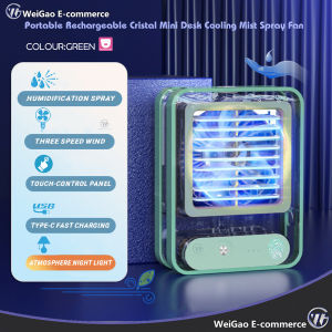 Portable Rechargeable Cristal Mini Desk Cooling Mist Spray Fan With Humidifier Night Light