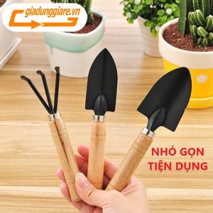 Dụng cụ làm vườn mini cán gỗ (Xẻng + Bay + Cào đất) dùng trồng rau trồng hoa chăm cây cảnh tiện lợi