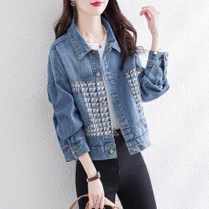 Jaket Denim Wanita Korea Kotak-kotak Jahitan Modis Mantel Ramping Pendek Atasan Kasual