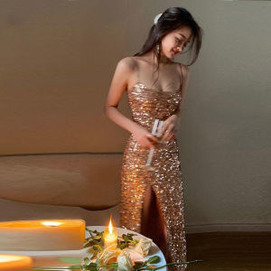 【Taizermind】 Rose Gold Sequin Prom Dress Tech-Inspired Long Gown Elegant Evening Fashion